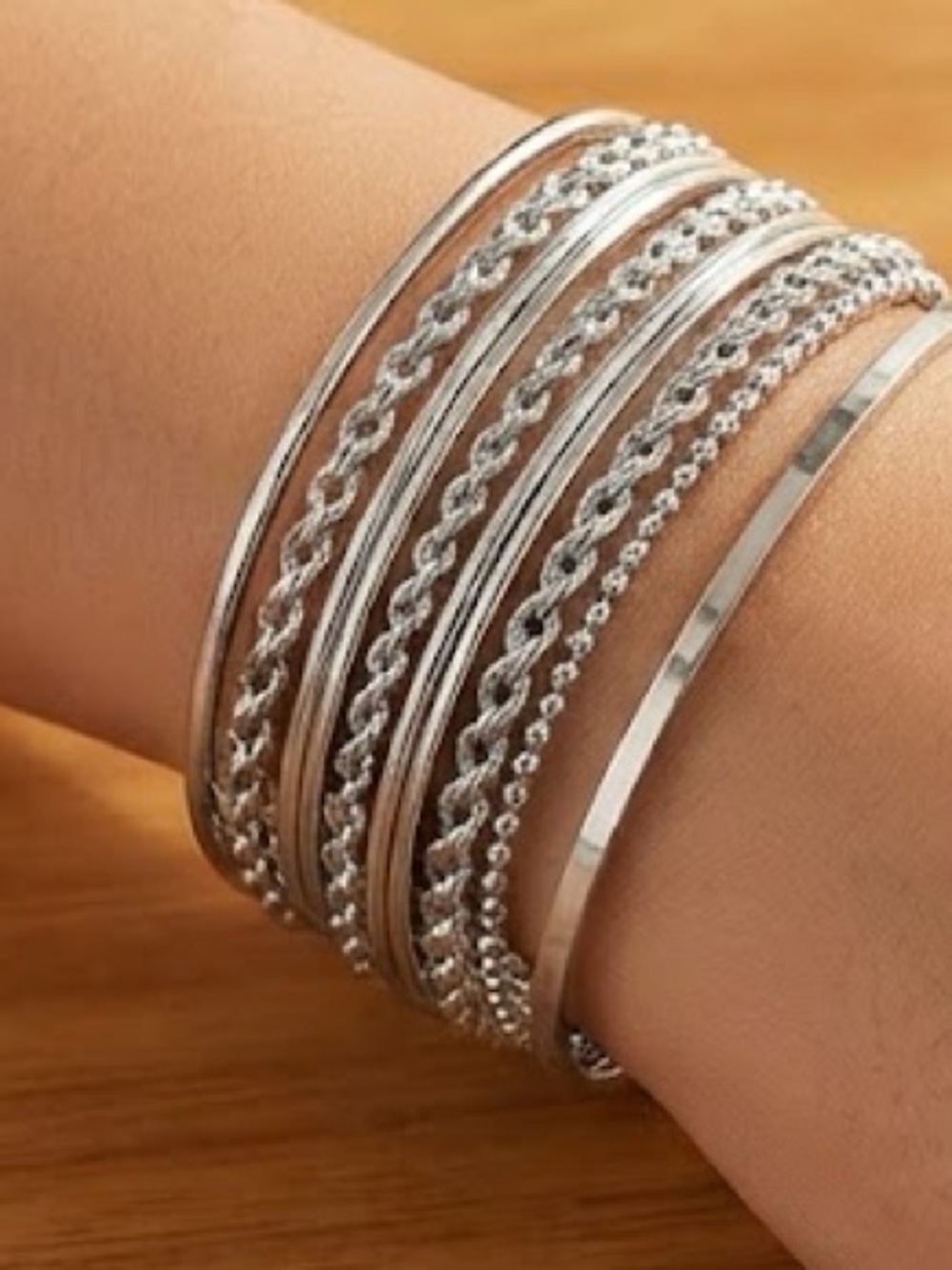 Stacked Silver-Tone Bangle & Bracelet Set – Chic Layered Look